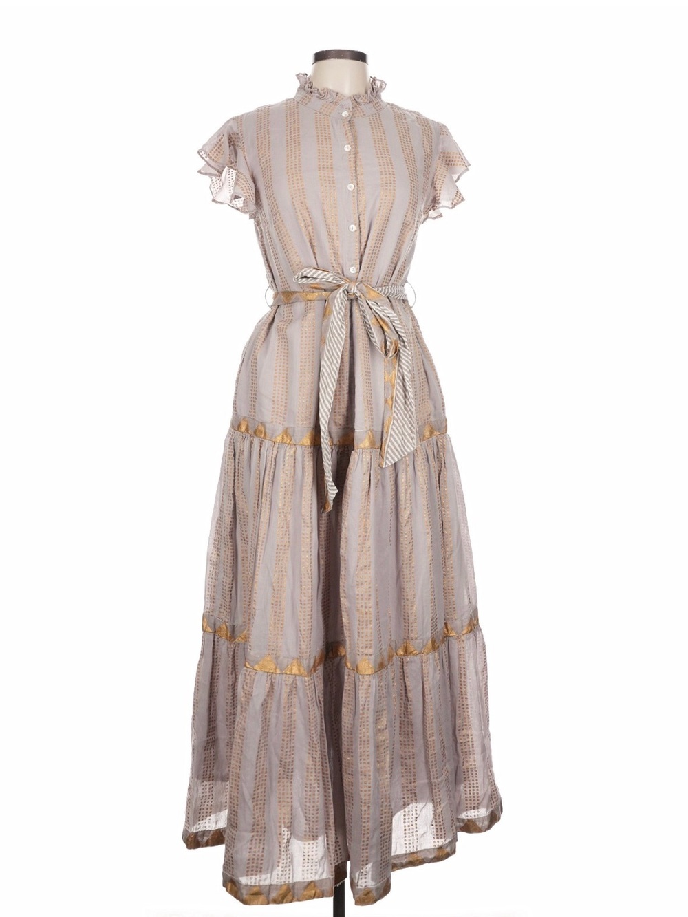 Oliphant Taupe Maxi Dress with Gold Trim